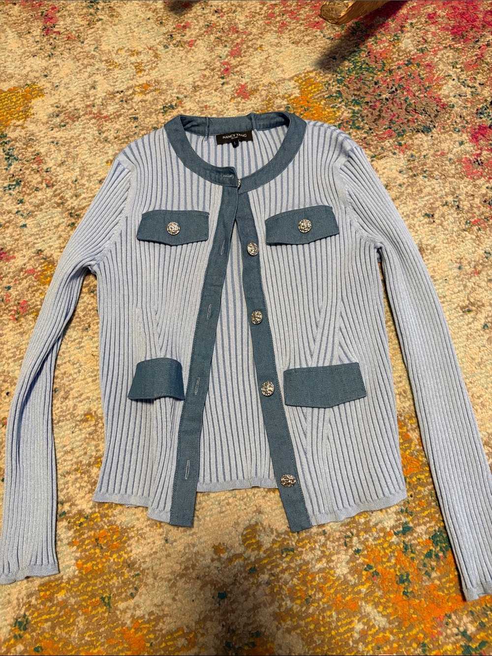 Chic Blue Ribbed Button-Front Cardigan - Picture 2 of 4
